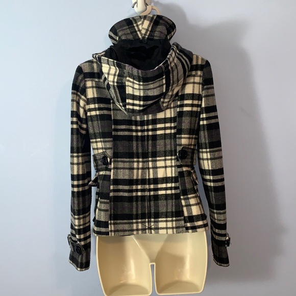 Hydraulic plaid tartan Black White Purple toggle pea hooded coat Y2K size  S - Picture 9 of 9